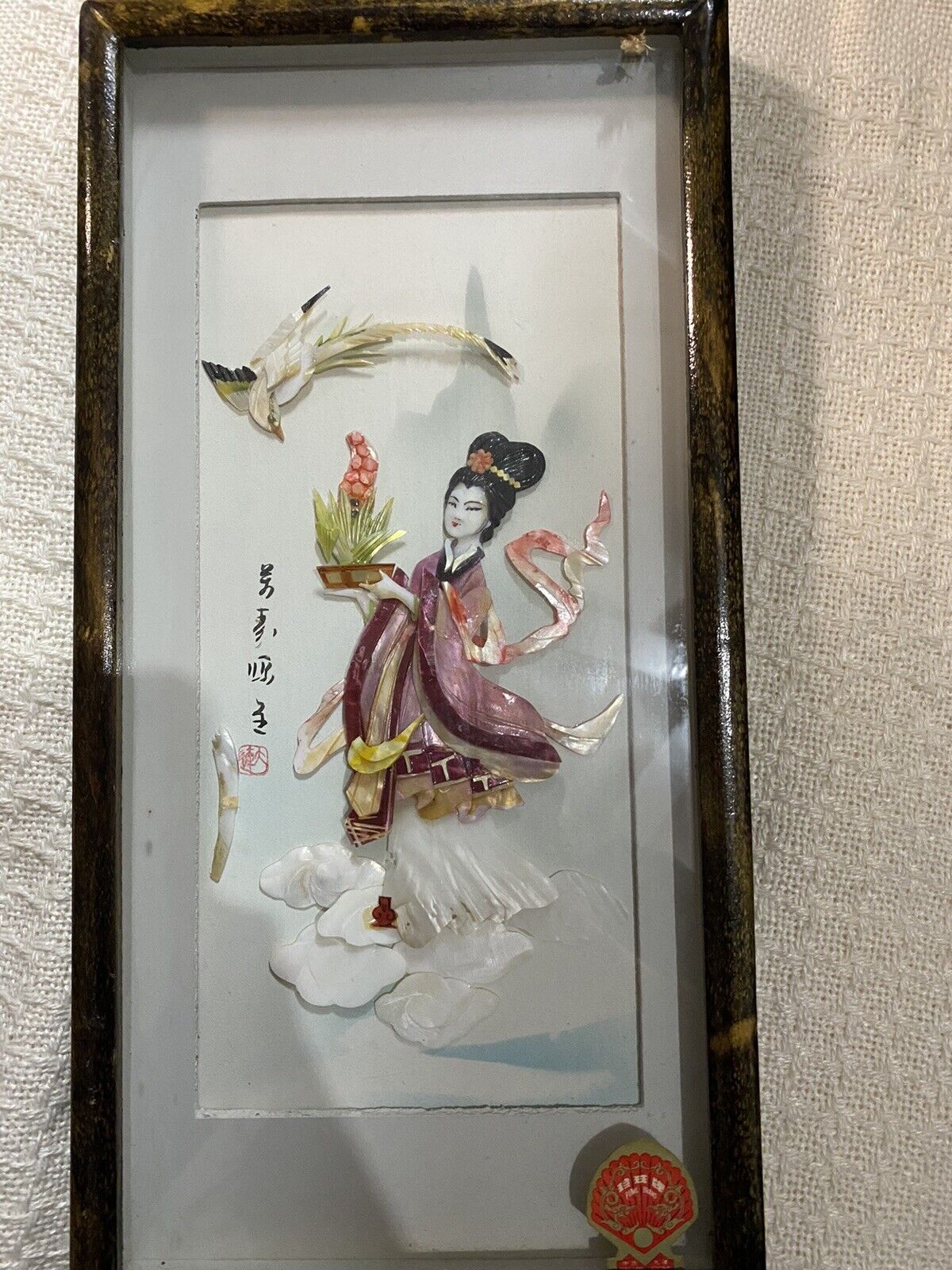 Vintage Mother Of Pearl Carved Shell Framed Pictures Asian Geisha