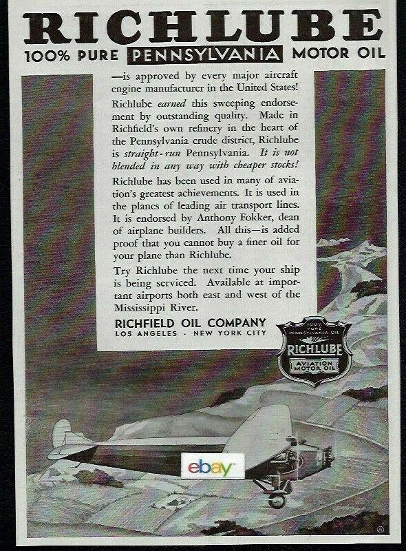 Richfield Oil Gasoline 1931 Fokker Trimotor Using Richfield Pennsylvania Oil Ad