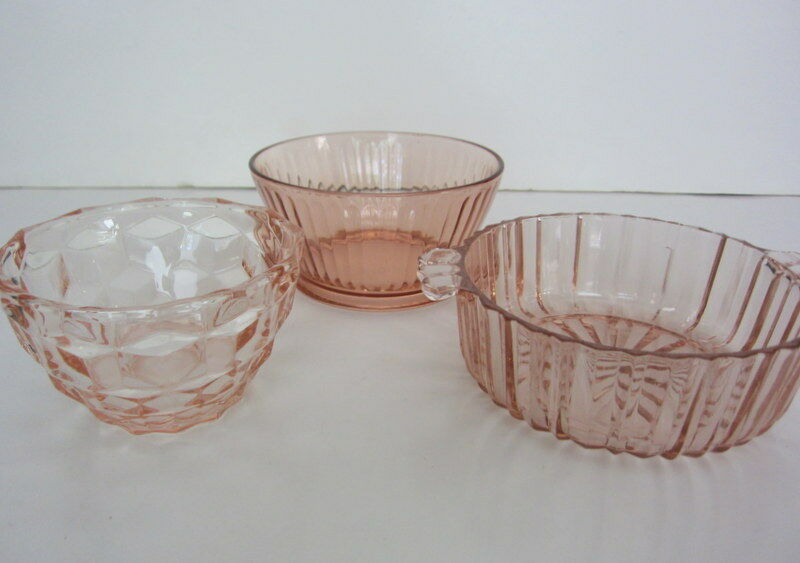Vtg 30s Pink Anchor Hocking & Jeannette Depression Glass 3 Bowls, Candy Dishes