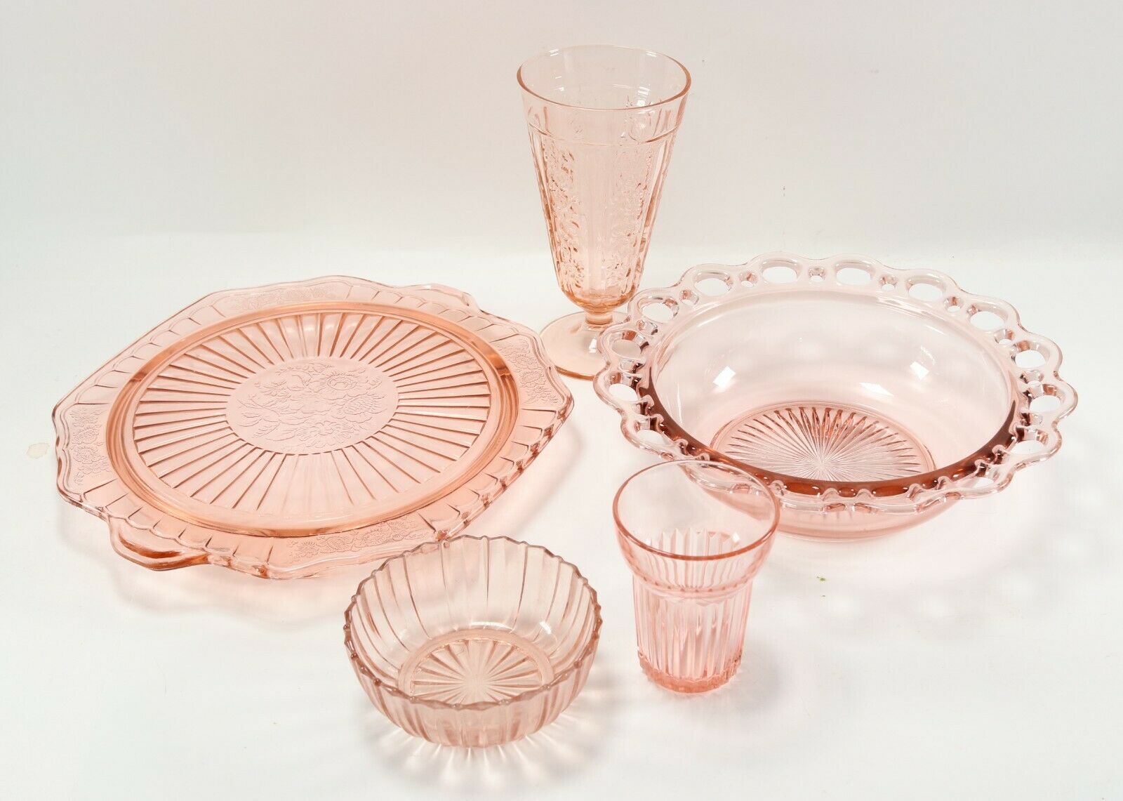 Lot Of (5) Floral Filigree Pink Depression Cake Plate Bowl Ice Cream Glass