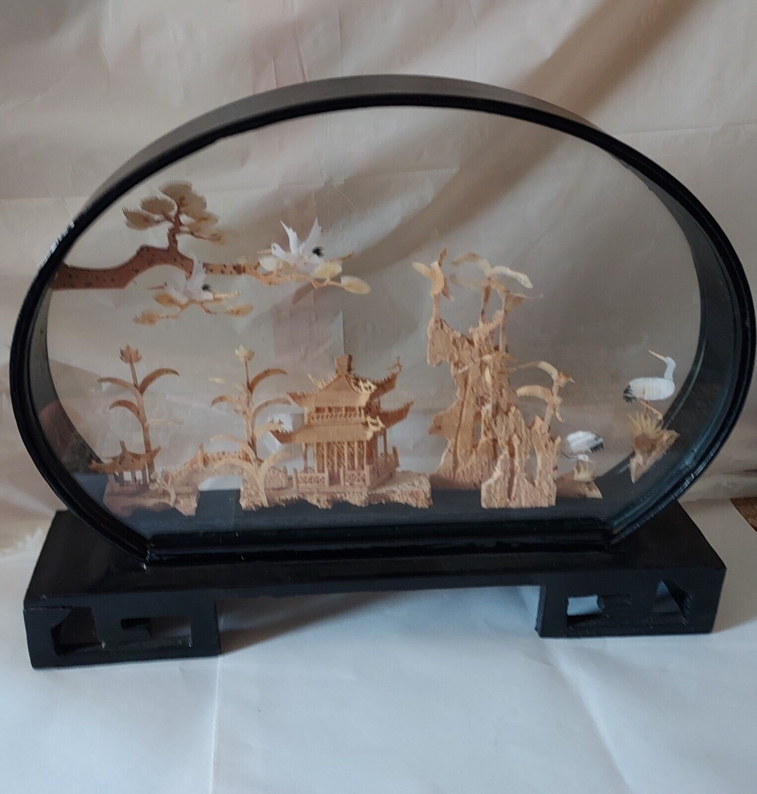 Vintage  Asian Carved Cork Art Scene Sculpture Oval Glass Diorama Black Laquer