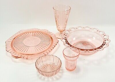 Lot Of (5) Floral Filigree Pink Depression Cake Plate Bowl Ice Cream Glass