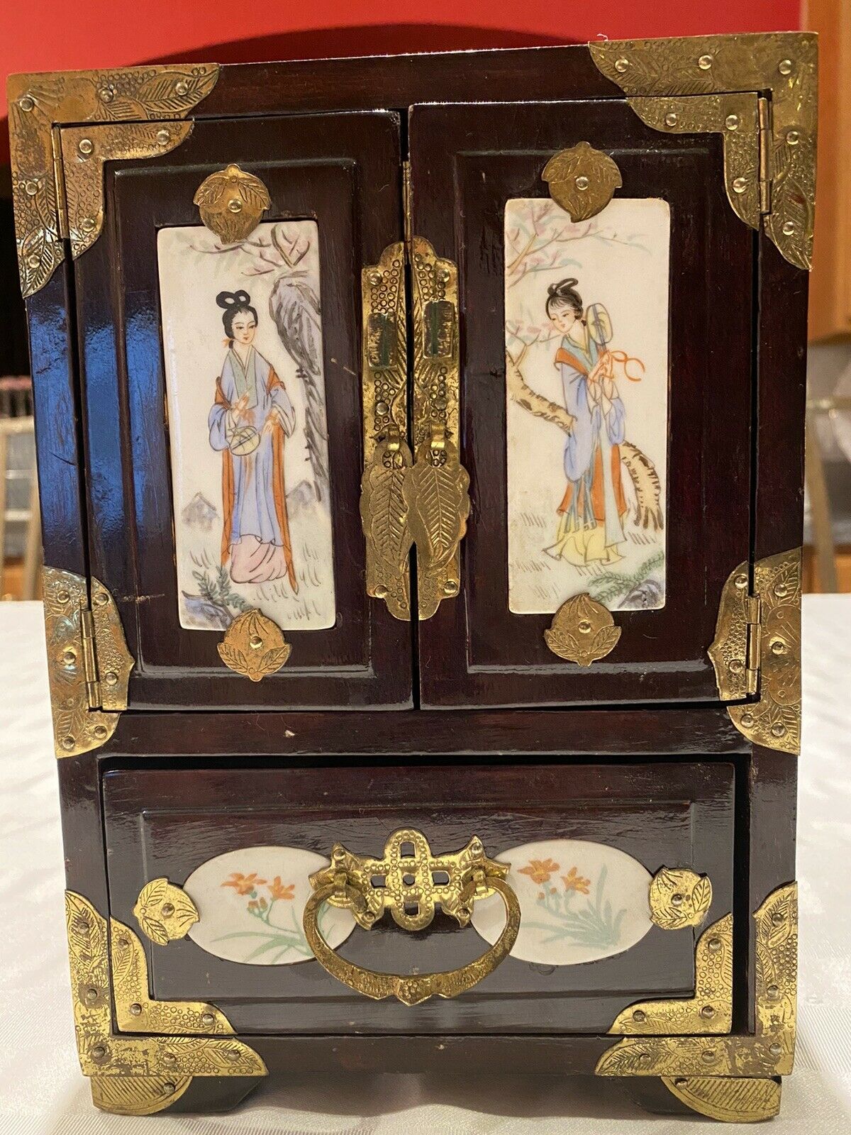 Vintage Chinese Wood Jewerly Organizer Chest Box, Brass Accent 2 Oriental Women