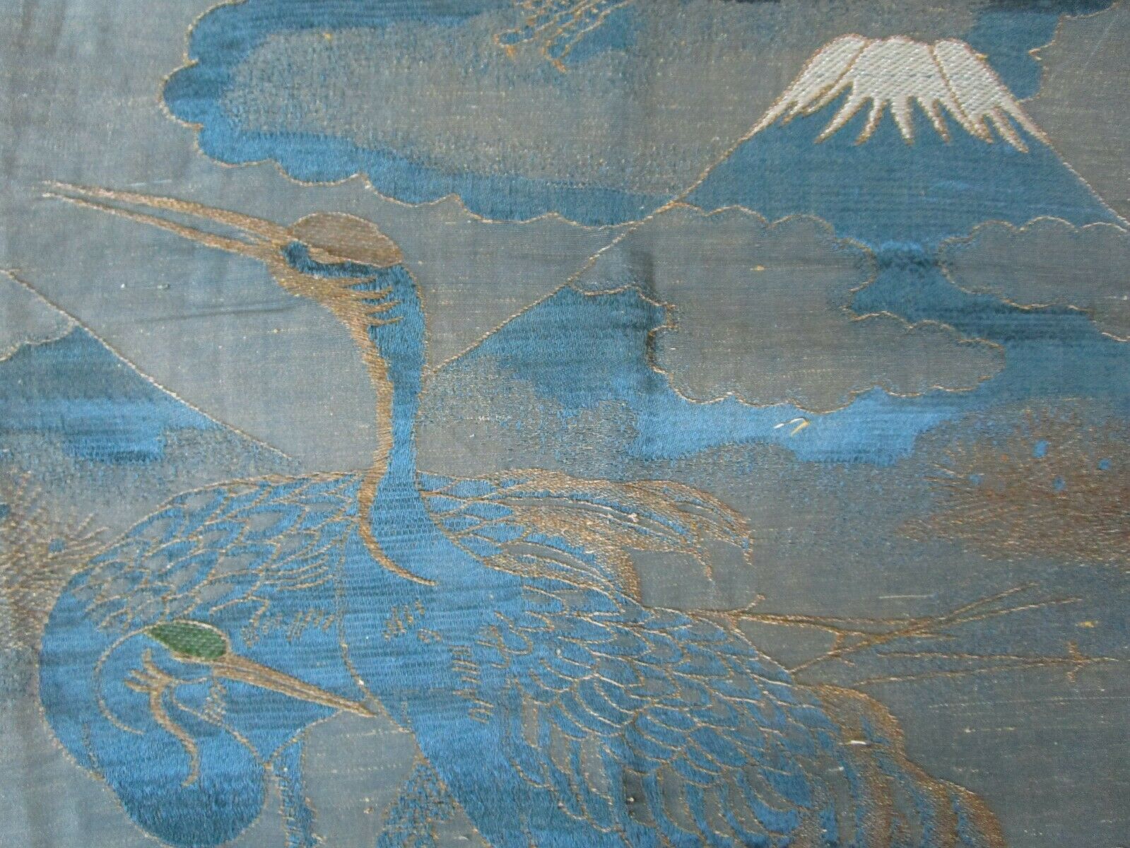 Antique Teal Blue Metallic Thread Embroidered Crane Obi Mt Fuji Mountain