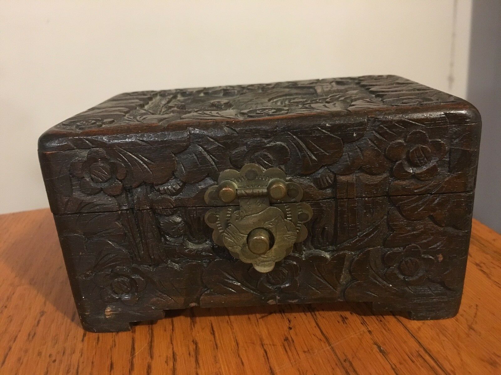 Antique Wooden Hand Carved Yu Ting Good Luck Sailing Chest Box Hong Kong