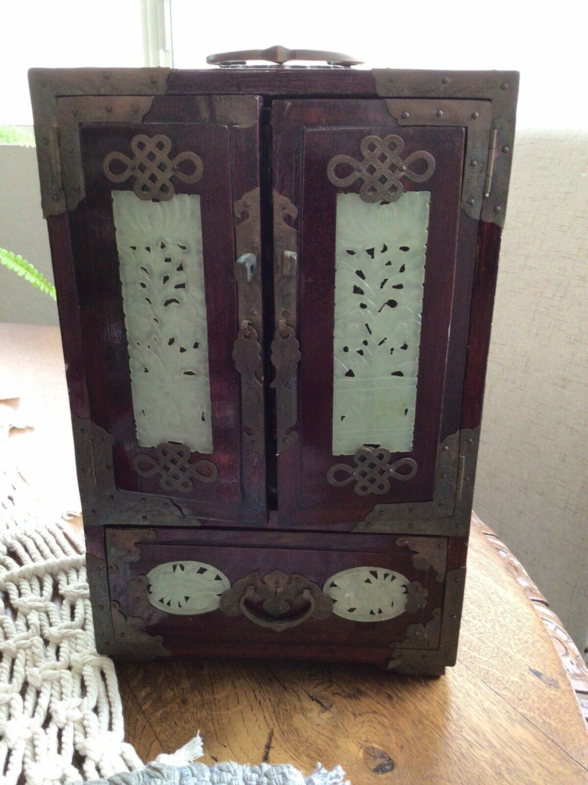 Vintage Oriental Chinese Jewelry Box Chest Carved Jade Wood Brass Doors Drawers