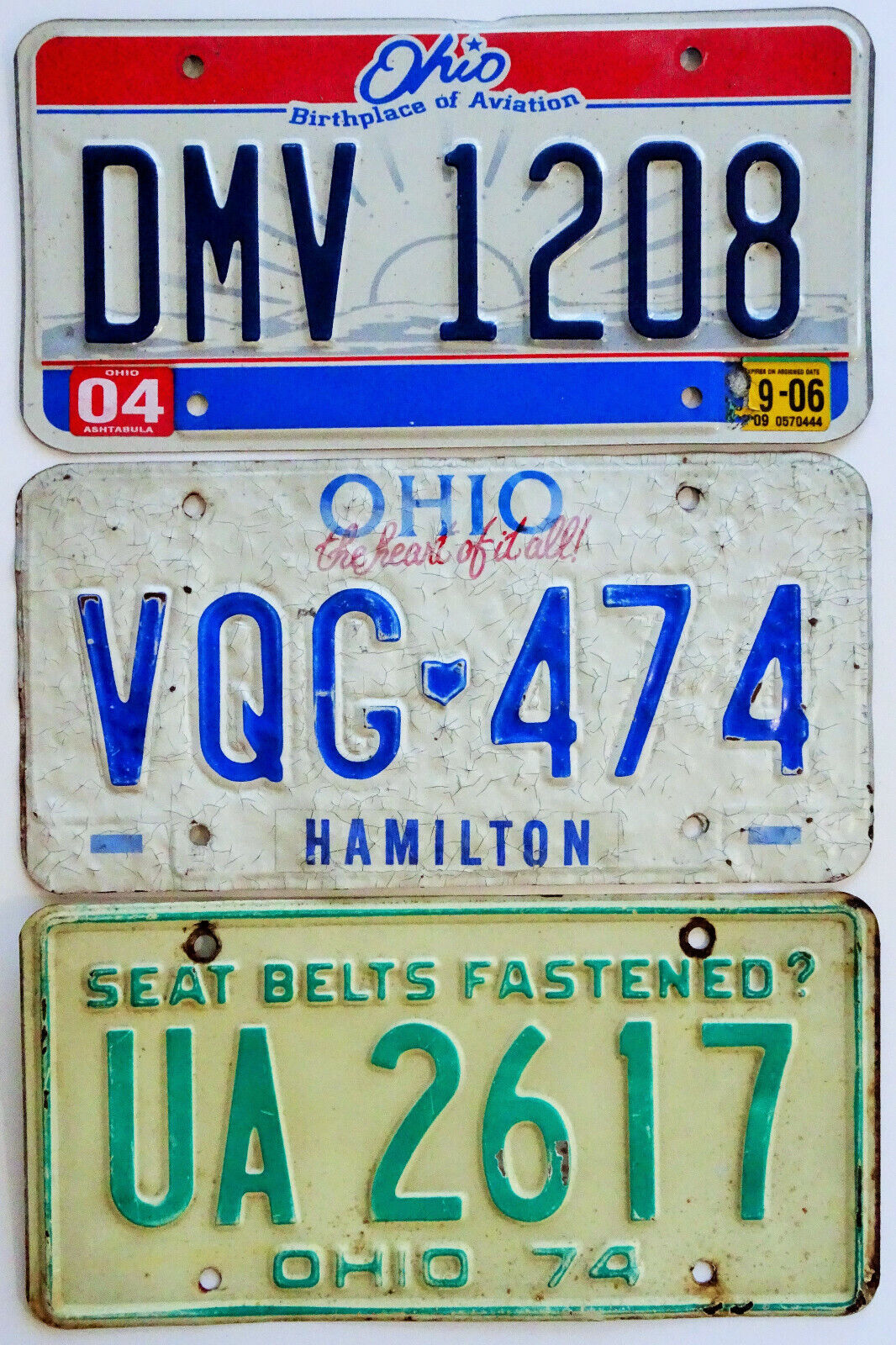 License Plates Ohio Ua2617 1974 Dmv1208 Birthplace Aviation Vqg474 70’s-2000’s
