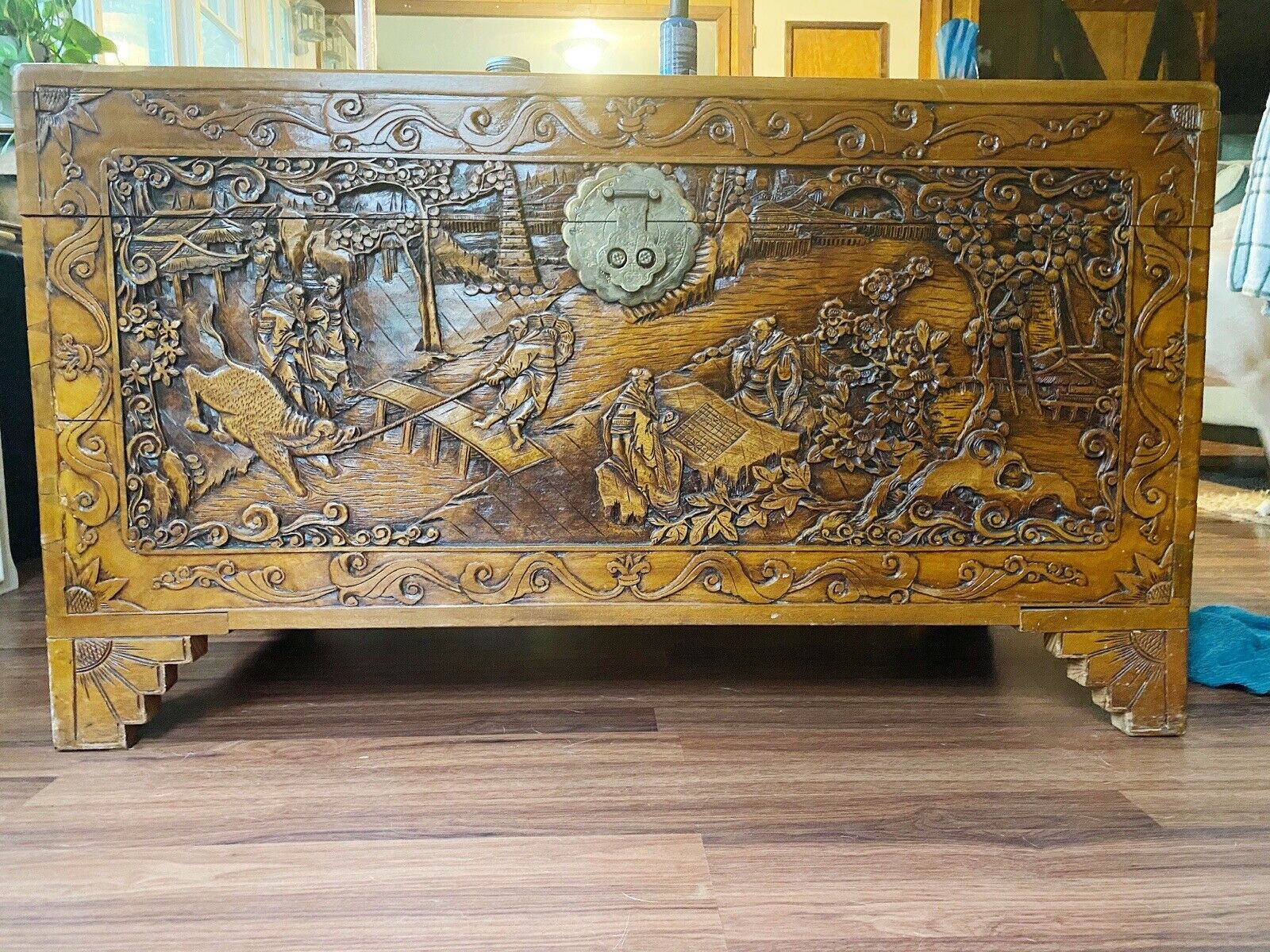 Carved Chinese Camphor Chest Depicting Oriental Scenes