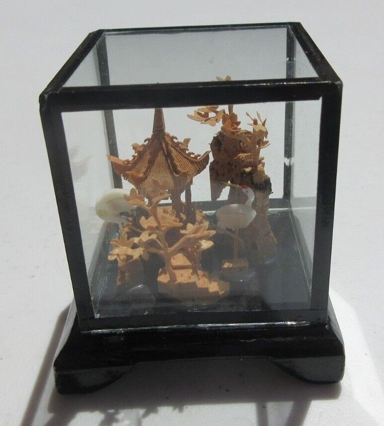 Chinese Bamboo/cork Carving In Display Case Black
