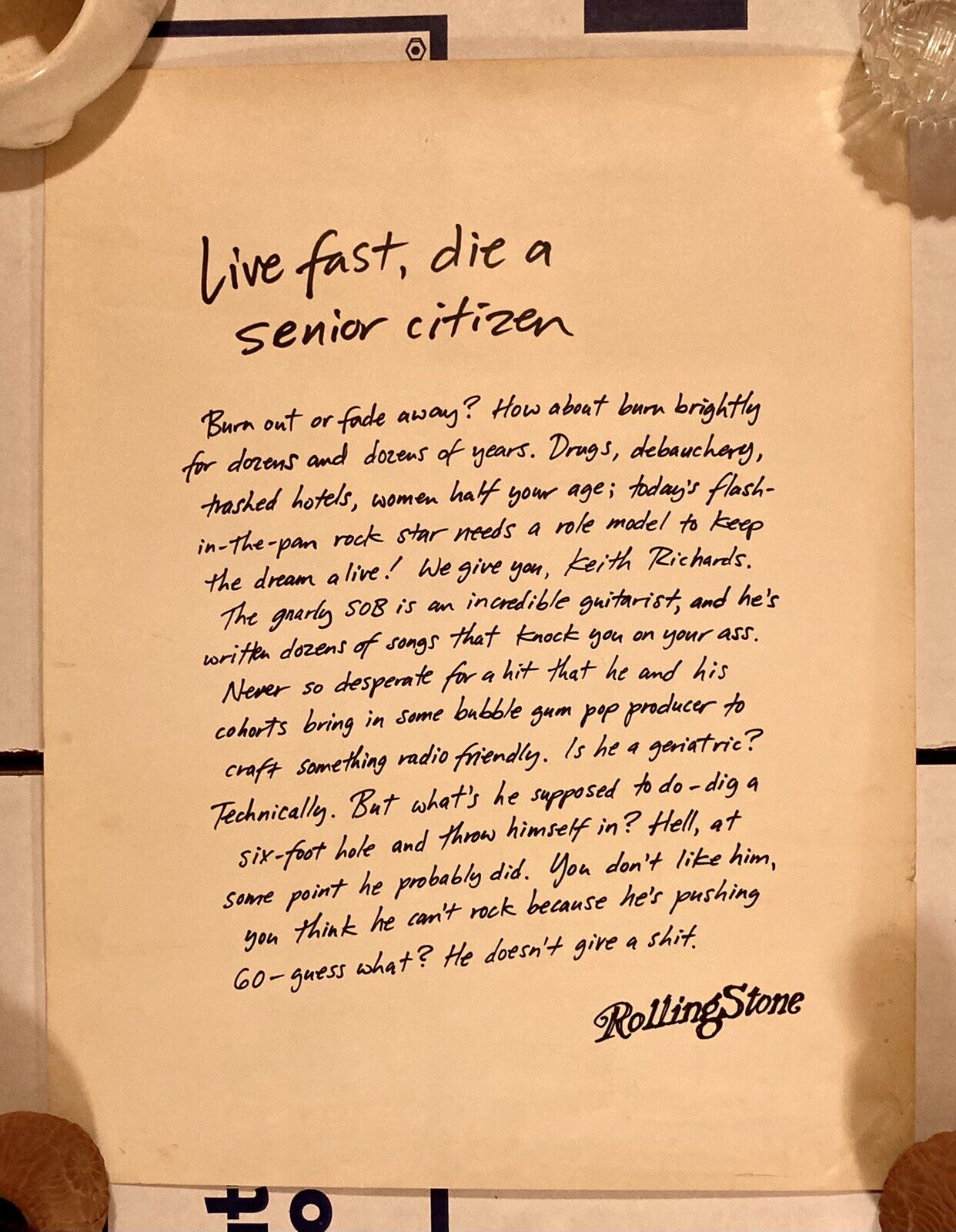 Live Fast, Die A Senior Citizen Rolling Stone Tribute Poster To Keith Richards