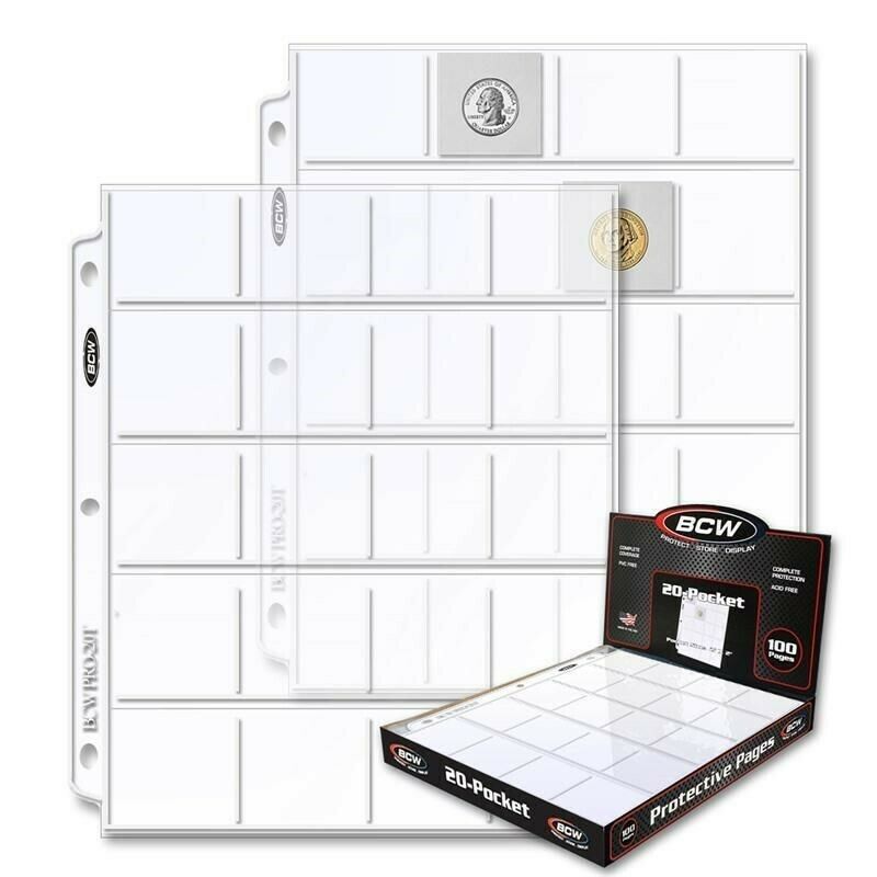 2x2 Coin Pages 1 Box Of 100 20 Pockets Album Clear Sheets Acid Free Bulk By Bcw