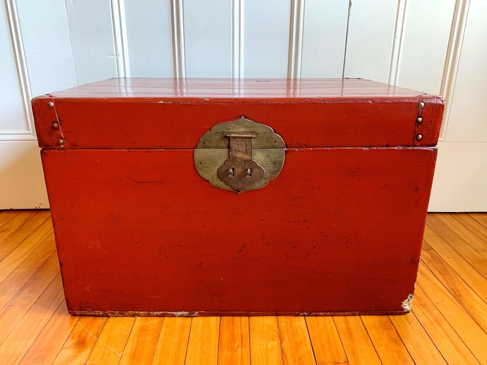 Antique/vintage Chinese Wood & Leather Wedding Trunk-red