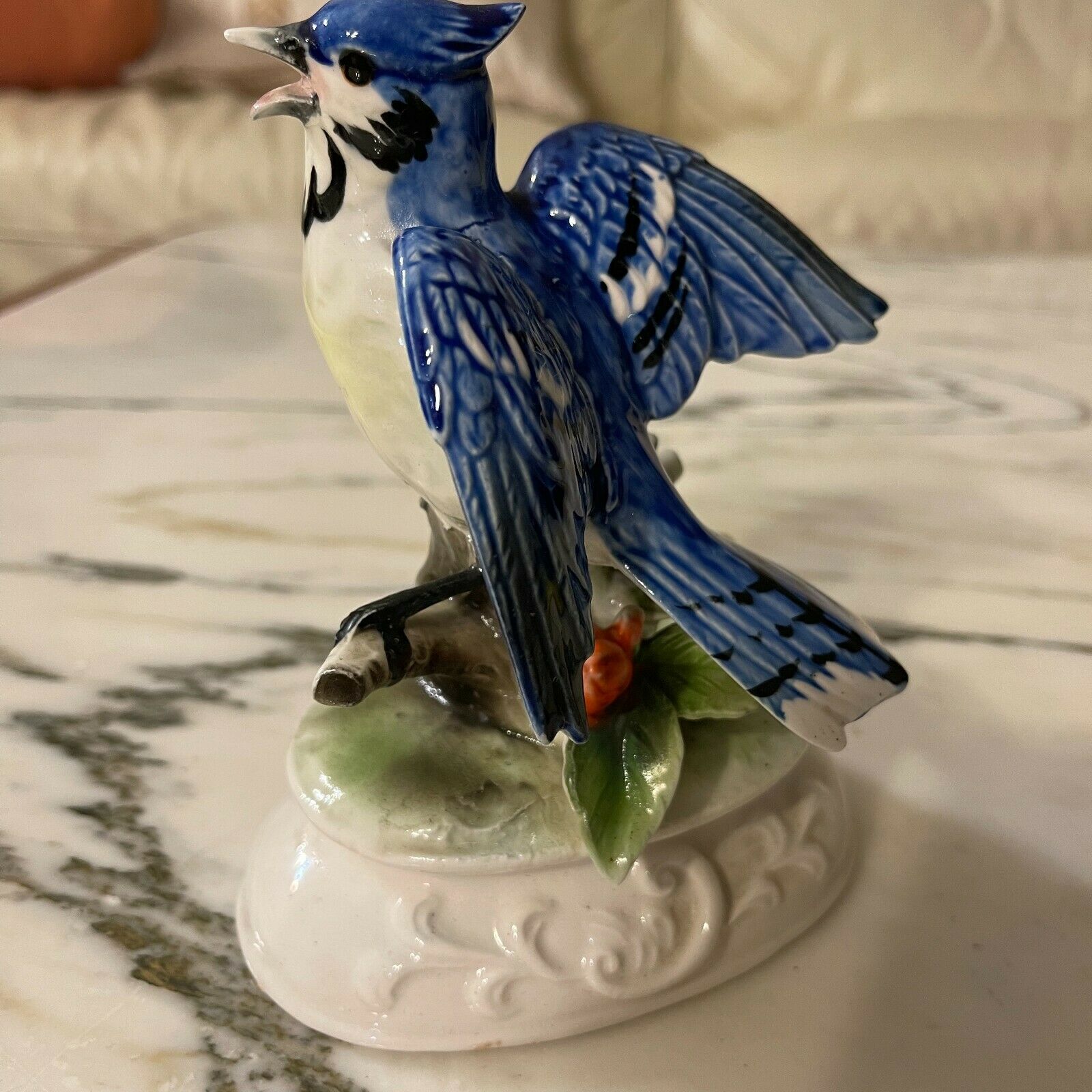 Napcoware Blue White Hand Painted Blue Jay Bird Porcelain Figurines C-8524