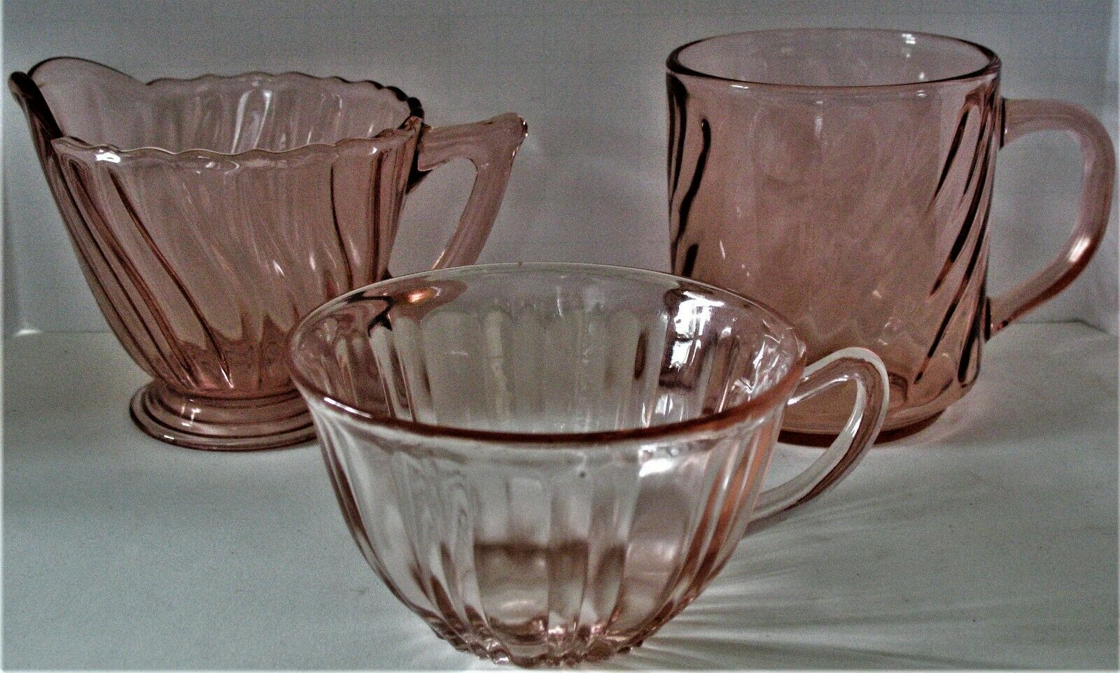 Lot Of 3 Pink Glass Pieces Swirl Arcoroc Mug Swirl Dep Creamer And Old Cafe Cup