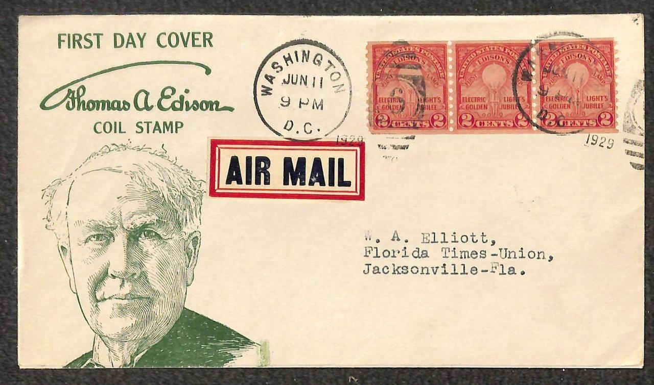 Usa #656 Edison Coil Stamps (x3) Roessler First Day Cover Fdc Airmail 1929