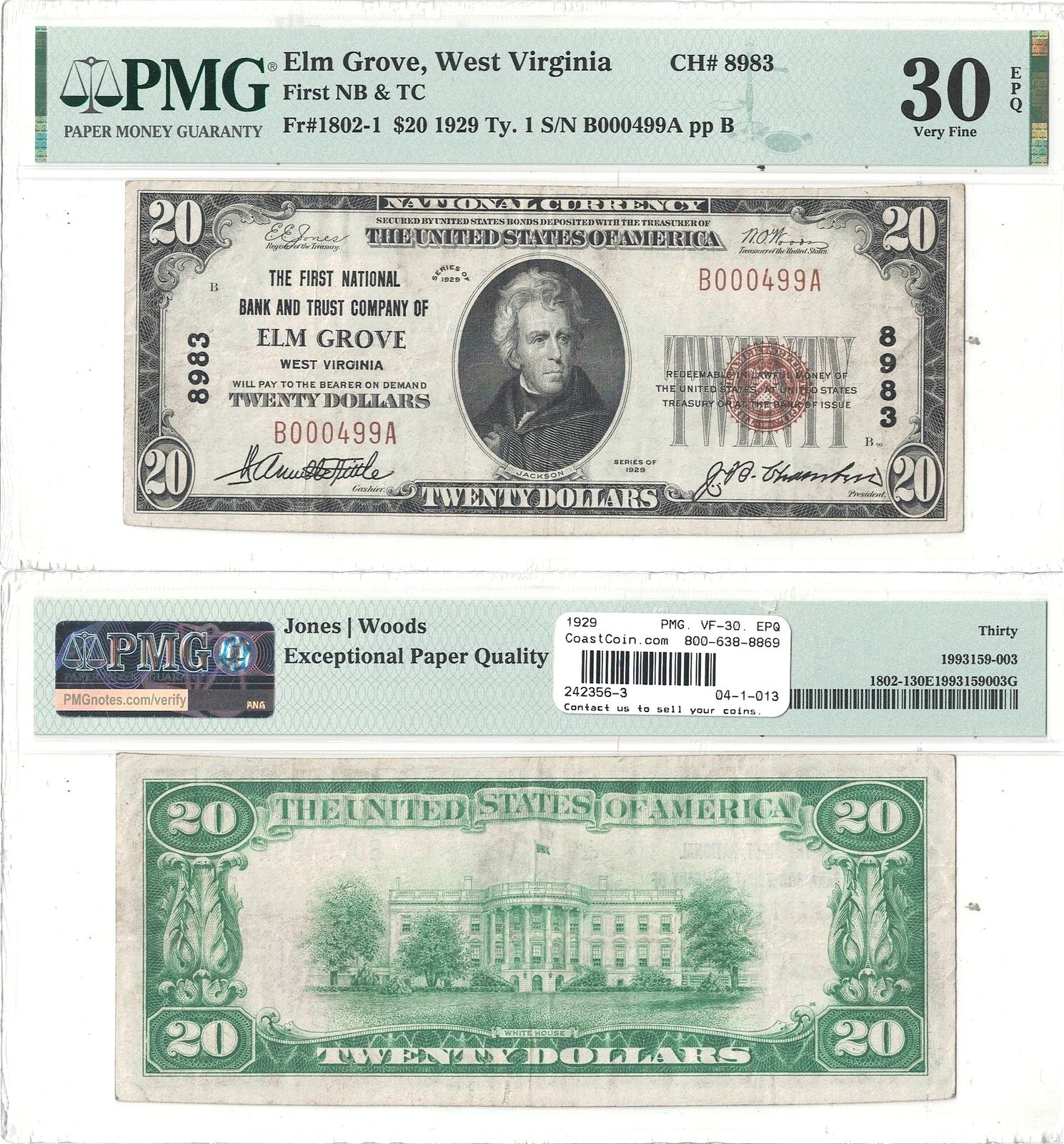 1929 $20 First National Bank & Trust Company Of Elm Grove, Wv Pmg Vf-30 Epq