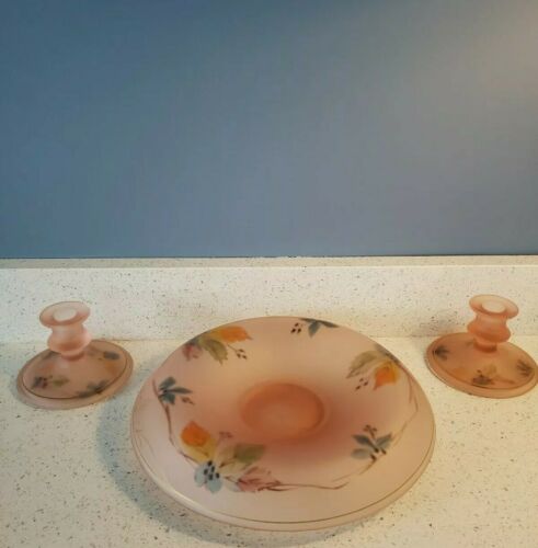 Rare Antique Pink Frosted Reverse Hand Painted Depression Compote 2 Candlesticks