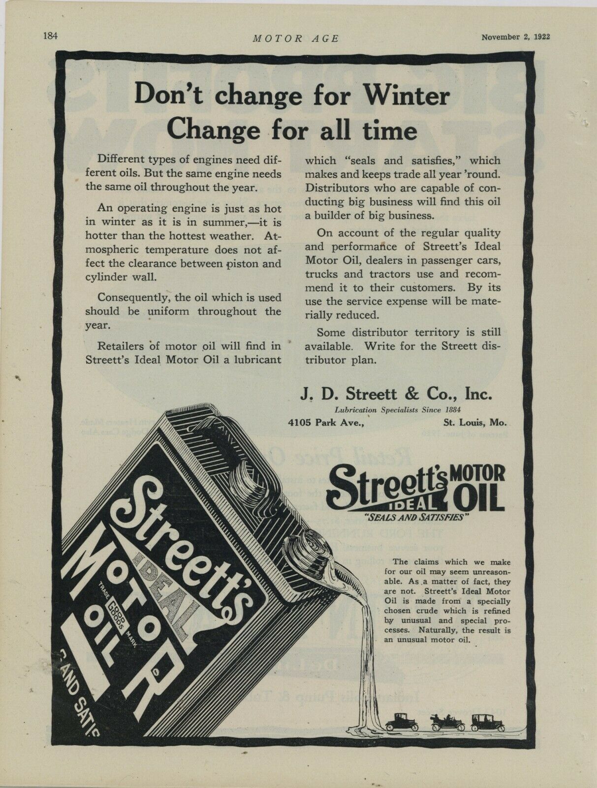 1922 Streett's Ideal Motor Oil Ad: J.d. Streett & Co. Oil Can Pictured