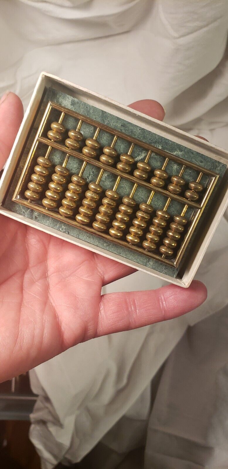 Vintage Chinese Green Marble And Brass Beaded Abacus Math Counting