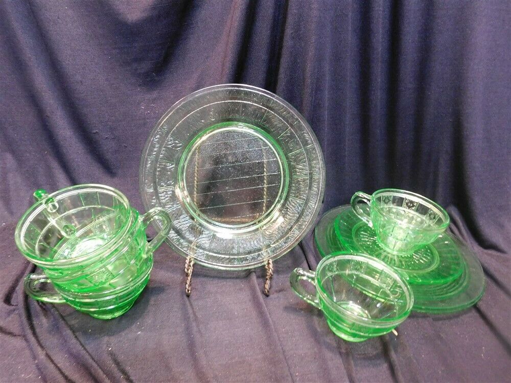 Group Green Depression Glass Doric Cups, Oaken Bucket Plate Etc