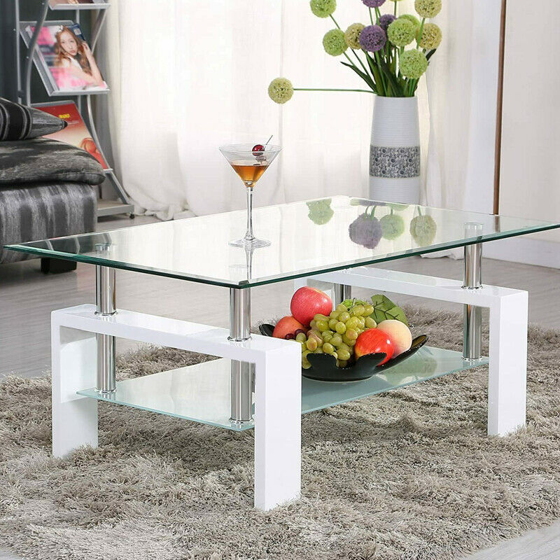Coffee Table Glass Modern Shelf Wood Living Room Furniture Rectangular
