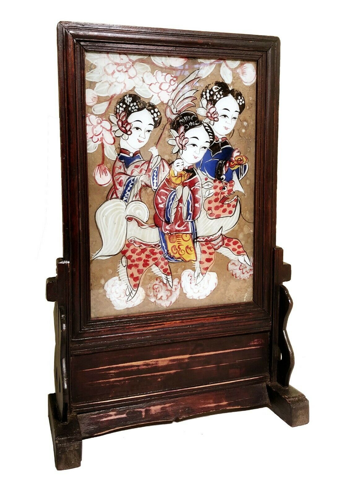 Antique Chinese Reverse Painting On Glass With Stand (2922), Circa Mid 1800