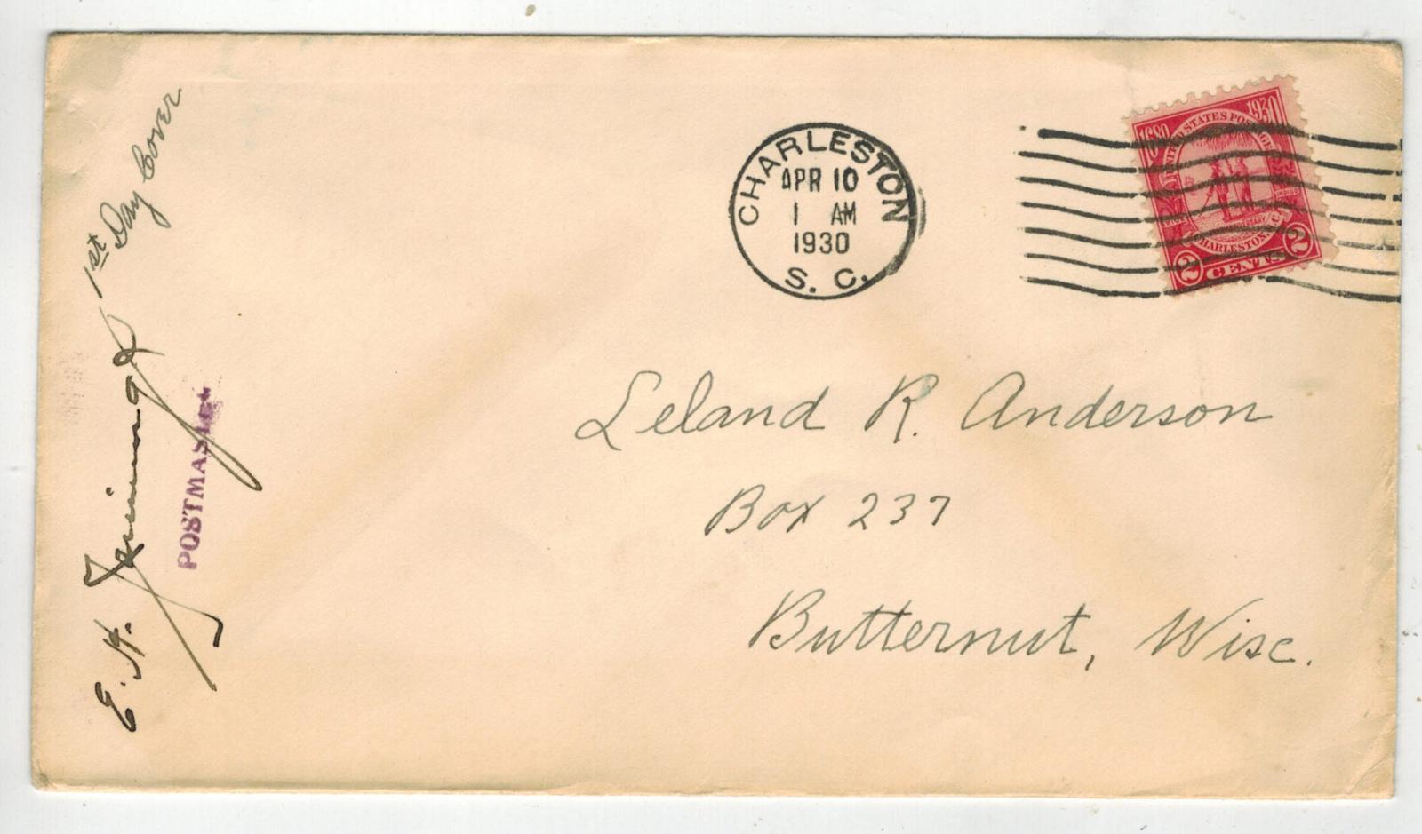 1930 Vintage Fdc 681 Establishment Charleston South Carolina Signed Postmaster