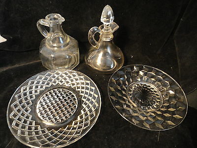 5 Crystal Depression Glass Pieces Syrup Cruet With Stopper Saucers